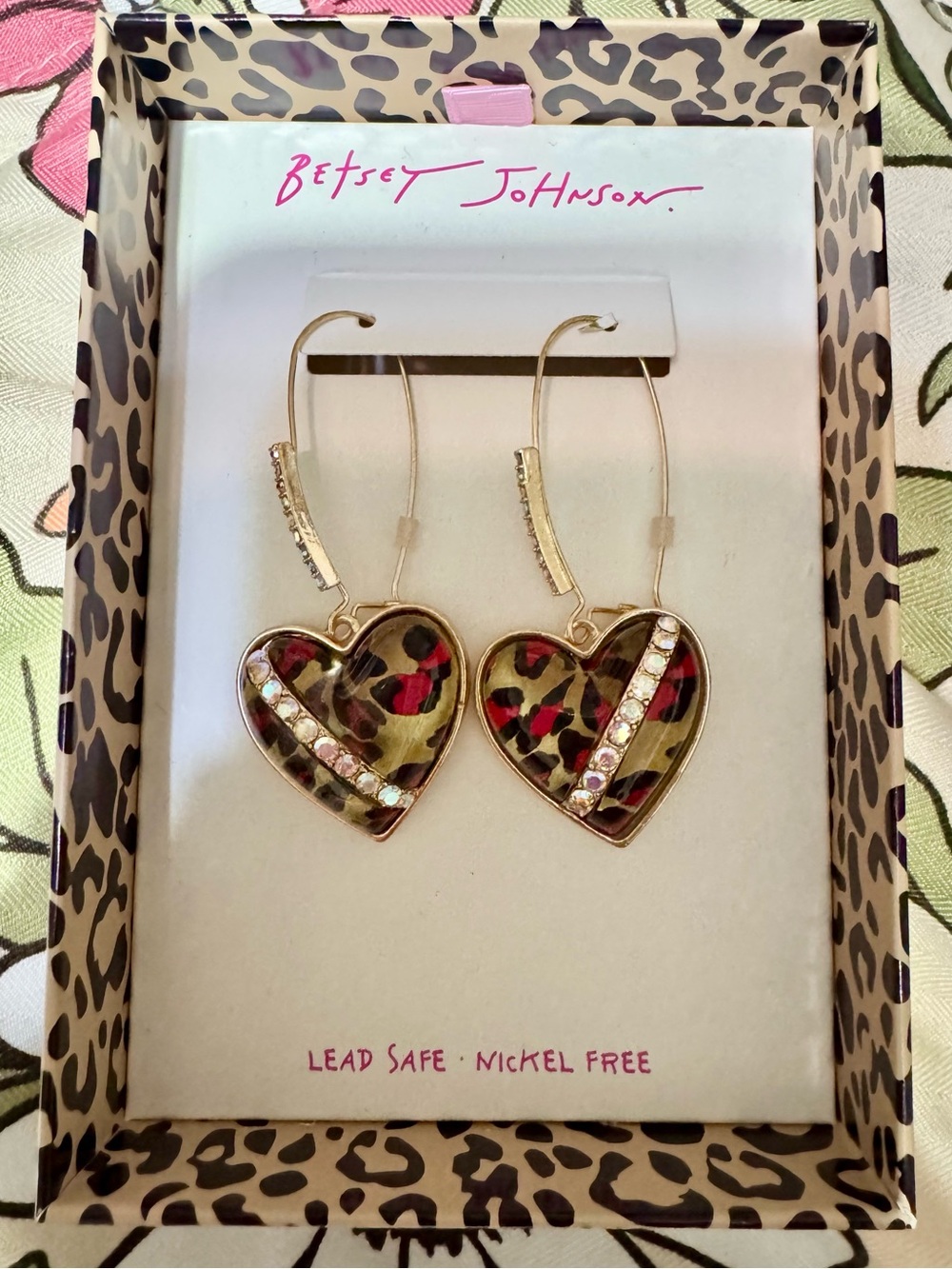 Betsey Johnson Gold Heart Leopard Drop Earrings with Rhinestones